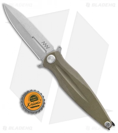Acta Non Verba Knives Z400 Liner Lock Dagger Knife Olive G-10 (4" Stonewash) - Image 4