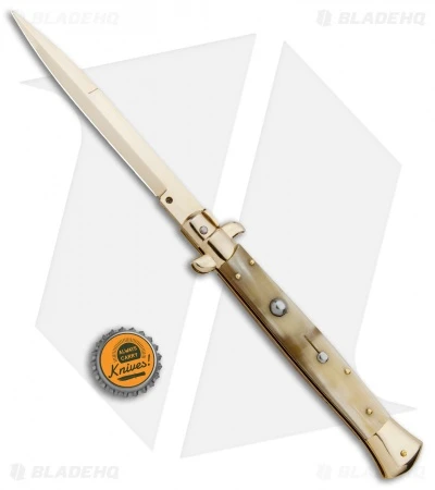 Frank B 11" Italian Stiletto Bayo Automatic Knife Honey Horn 5" Gold) - Image 4