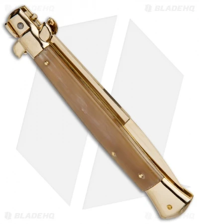 Frank B 11" Italian Stiletto Bayo Automatic Knife Honey Horn 5" Gold) - Image 3