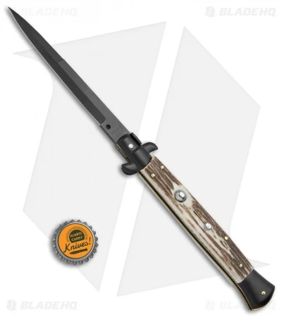 Frank B 11" Italian Stiletto Bayonet Automatic Knife Stag (5" Black) - Image 4