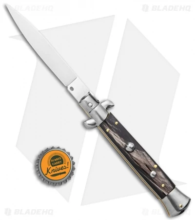 Frank B 9" Italian Stiletto Automatic Knife Dark Horn (4" Satin) - Image 4