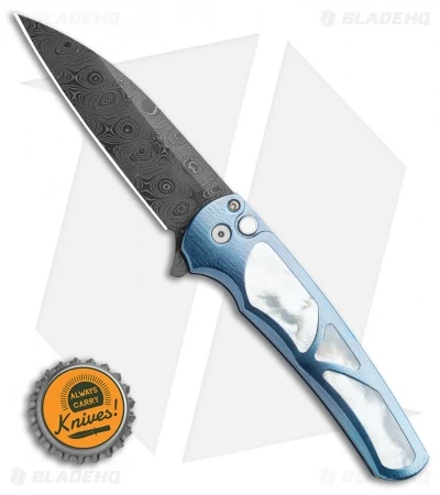 Pro-Tech Malibu Custom Wharncliffe Plunge Lock Flipper Blue Ti (3.3" Damascus) - Image 4