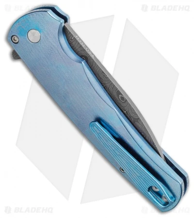 Pro-Tech Malibu Custom Wharncliffe Plunge Lock Flipper Blue Ti (3.3" Damascus) - Image 3
