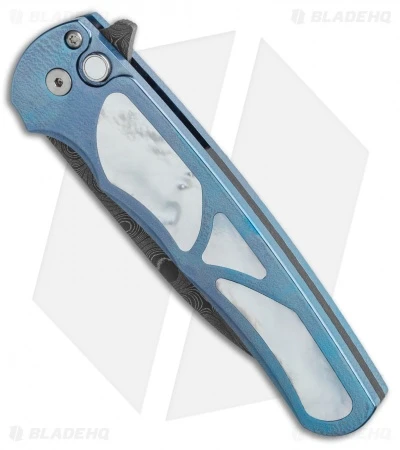 Pro-Tech Malibu Custom Wharncliffe Plunge Lock Flipper Blue Ti (3.3" Damascus) - Image 2
