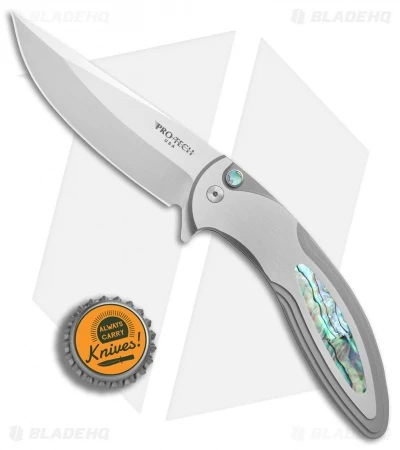 Pro-Tech Custom Cambria Flipper Knife SS W/ Abalone Inlay (3.5" Satin) - Image 4