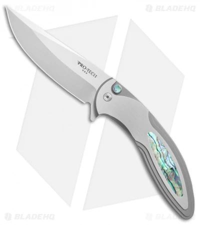 Pro-Tech Custom Cambria Flipper Knife SS W/ Abalone Inlay (3.5" Satin)