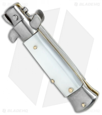 SKM 4.5" Italian Mini Stiletto Automatic Knife White Acrylic (2" Satin Kris) - Image 3