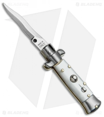 SKM 4.5" Italian Mini Stiletto Automatic Knife White Acrylic (2" Satin Kris)