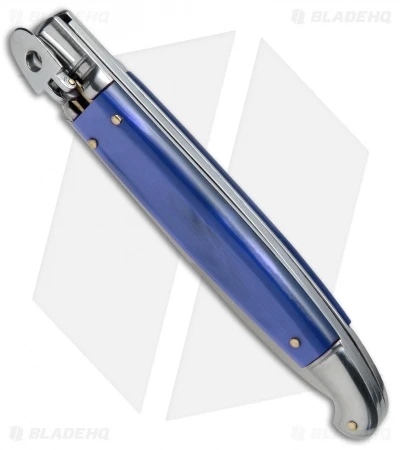 SKM 9.5" Fancy Lever Lock Automatic Knife Blue Acrylic (4" Satin Bayo) - Image 2