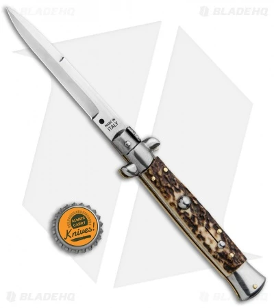 SKM AB 9" Italian Stiletto Bayo Automatic Knife Stag (3.8" Satin) - Image 4