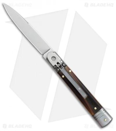 SKM 7.75" Slimline Leverlock Automatic Knife Brazilian Horn (3.2" Satin)