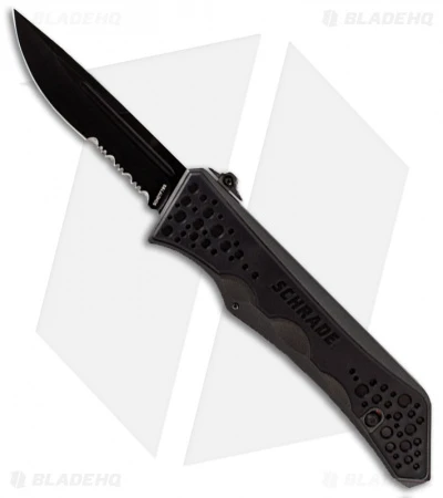 Schrade Drop Point OTF Spring Assisted Knife (3.5" Black Serr) SCHOTF7BS