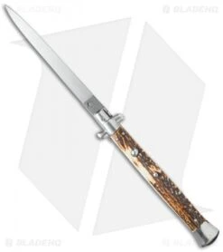 SKM 13" Italian Stiletto Automatic Knife Stag Horn (5.7" Satin Flat)