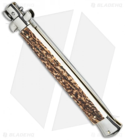 SKM 13" Italian Stiletto Automatic Knife Stag Horn (5.7" Satin Flat) - Image 2