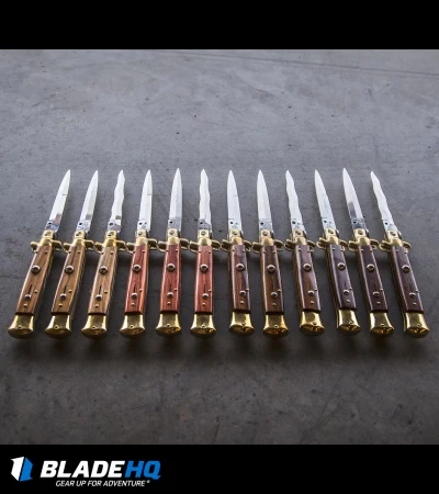 SKM AB 9" Italian Stiletto Automatic Knife Brass/Rosewood (4" Satin Bayonet) - Image 4